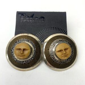 VTG Tabra Signed Antiqued Sterling Silver Brass Gold Moon Face Stud Earrings NWT